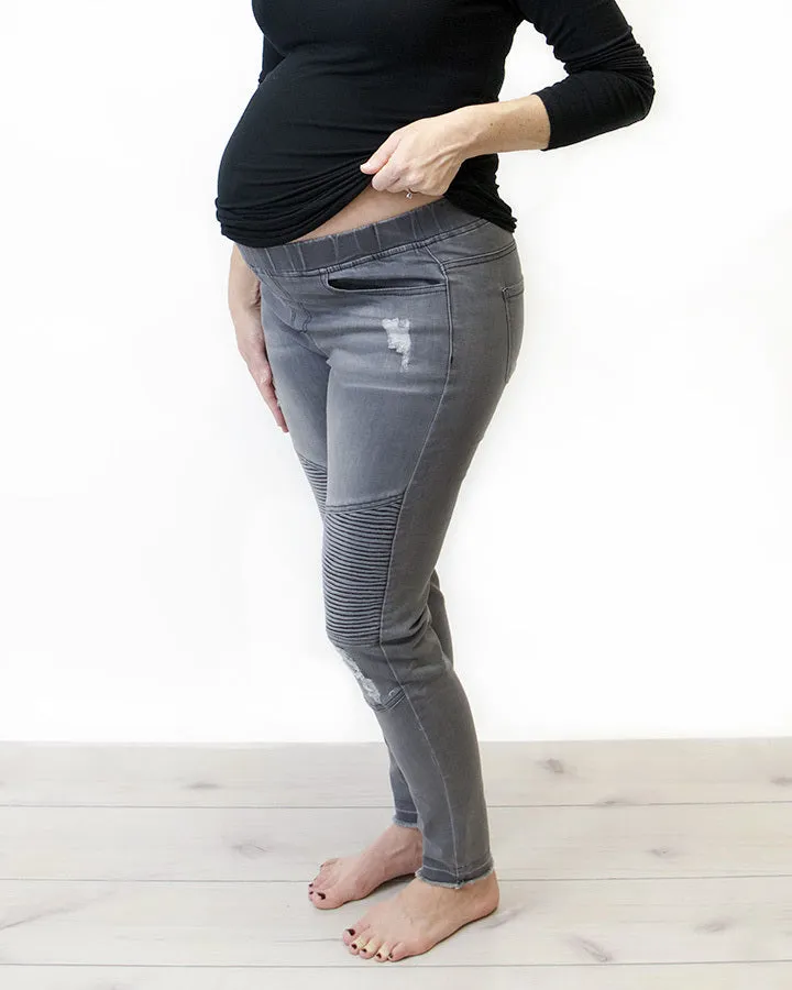 Grace & Lace Mid-Rise Distressed Denim Moto Jeggings in Grey Denim