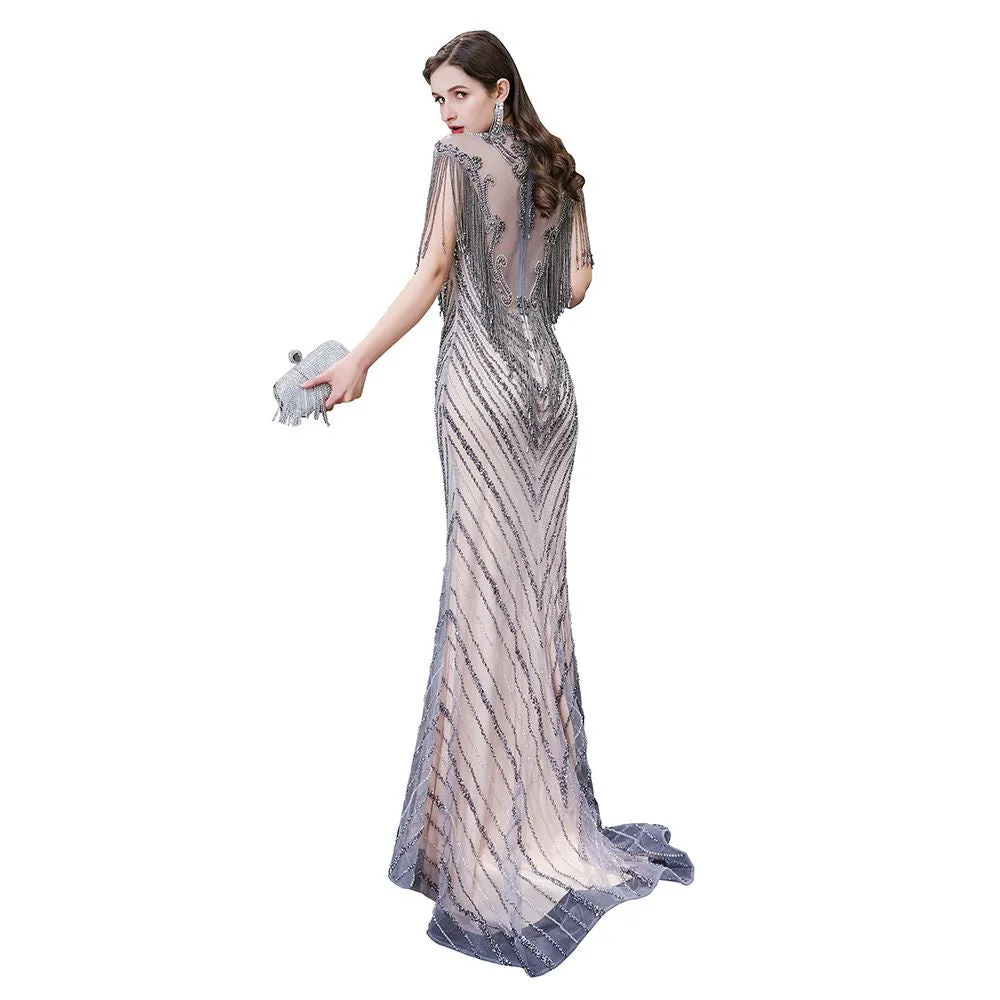 High Neck Cap sleeves Sparkle Beads Long Prom Dresses