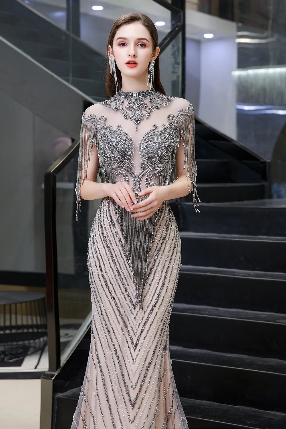 High Neck Cap sleeves Sparkle Beads Long Prom Dresses