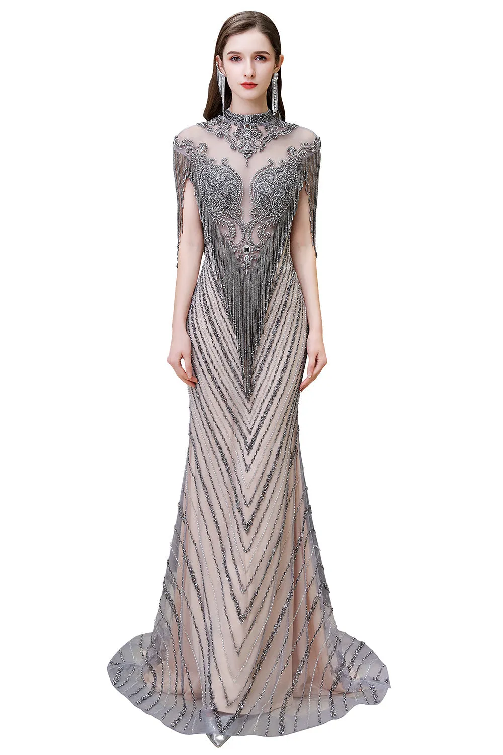 High Neck Cap sleeves Sparkle Beads Long Prom Dresses