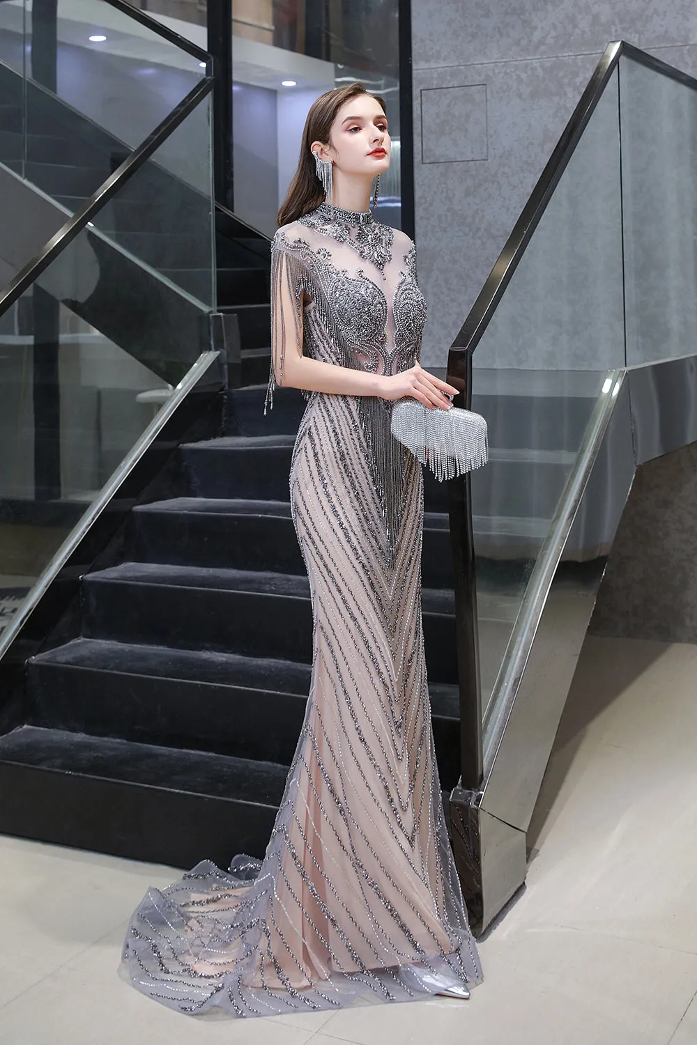 High Neck Cap sleeves Sparkle Beads Long Prom Dresses