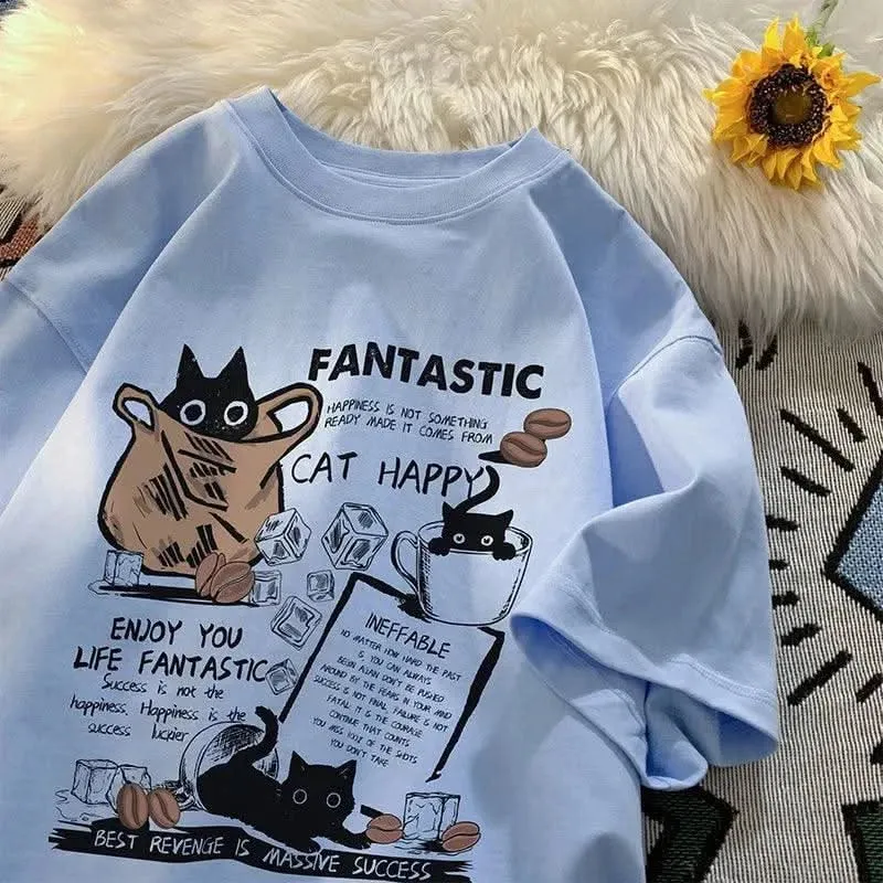 Korean Cartoon Cat Print T-Shirt - Oversized Unisex Pullover, Casual Short Sleeve for Couples