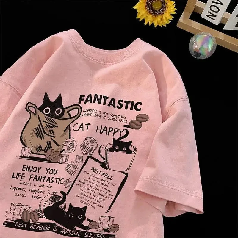 Korean Cartoon Cat Print T-Shirt - Oversized Unisex Pullover, Casual Short Sleeve for Couples