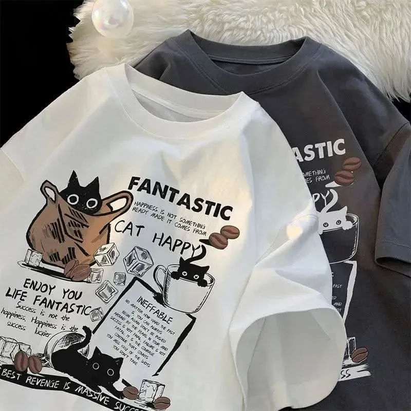 Korean Cartoon Cat Print T-Shirt - Oversized Unisex Pullover, Casual Short Sleeve for Couples