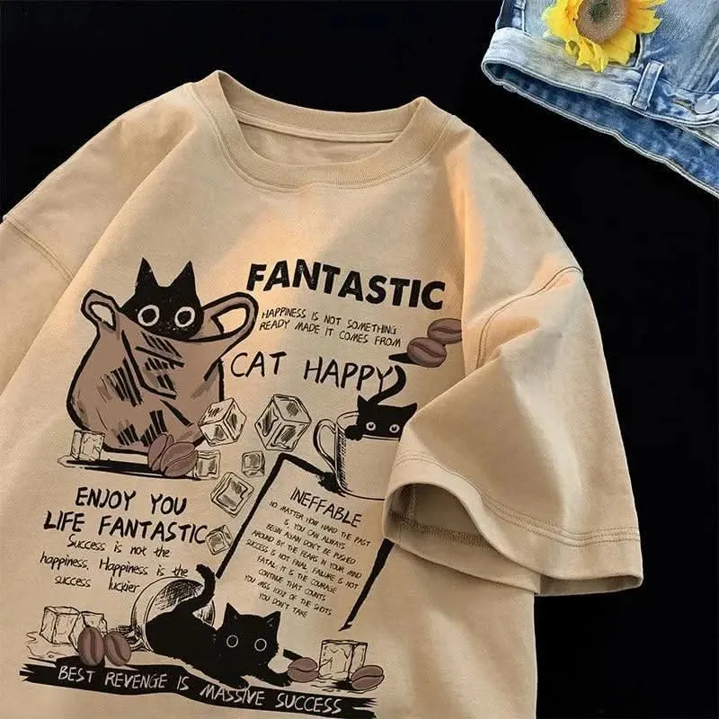 Korean Cartoon Cat Print T-Shirt - Oversized Unisex Pullover, Casual Short Sleeve for Couples