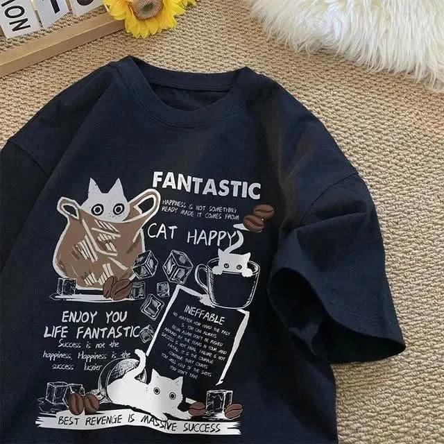 Korean Cartoon Cat Print T-Shirt - Oversized Unisex Pullover, Casual Short Sleeve for Couples