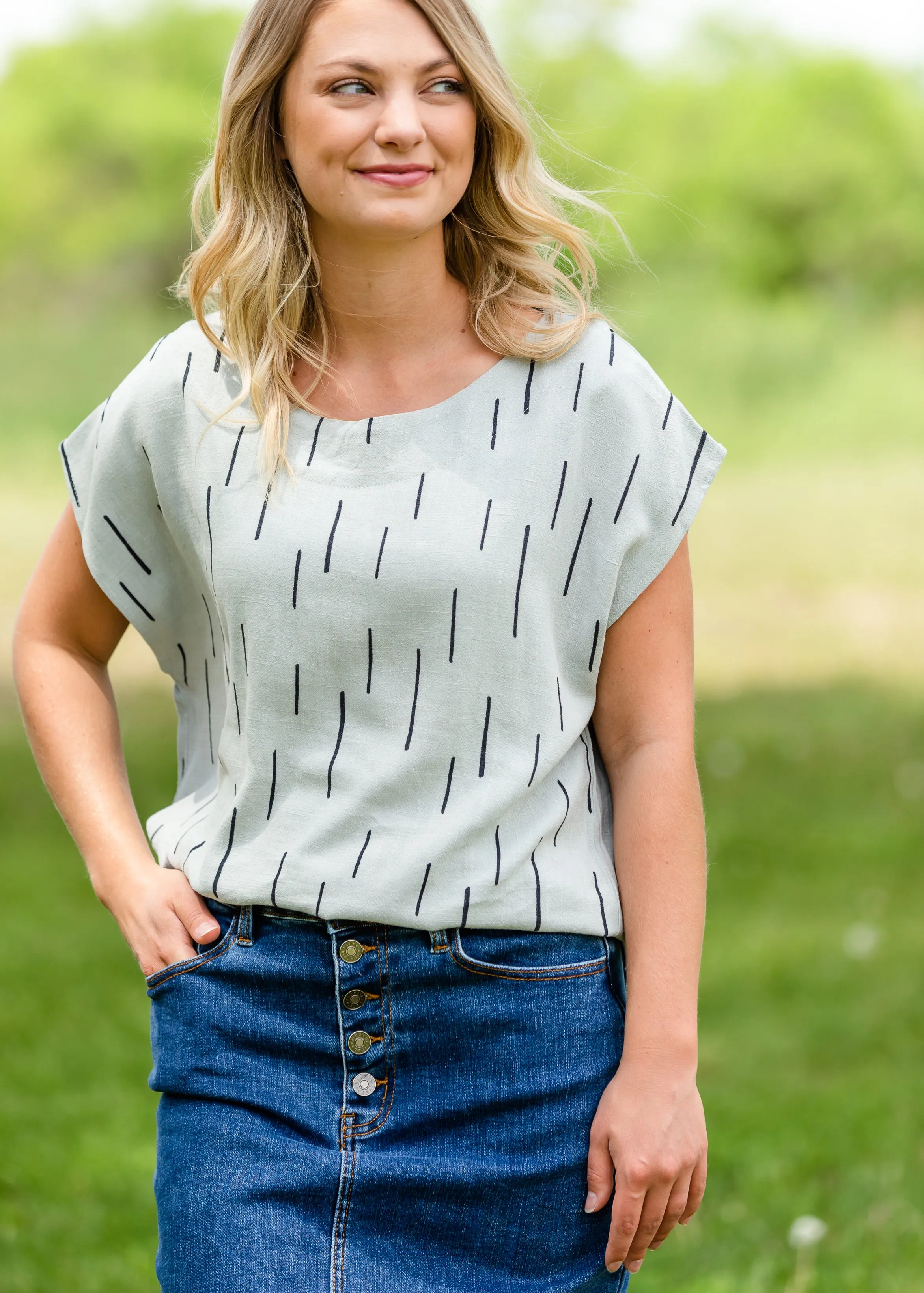 Linen Line Print Short Sleeve Top - FINAL SALE