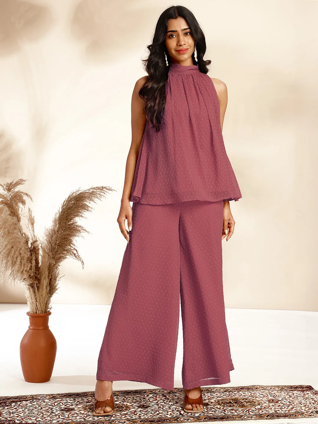 Mauve Chiffon All-Over Self Design Gathered Co-Ord Set
