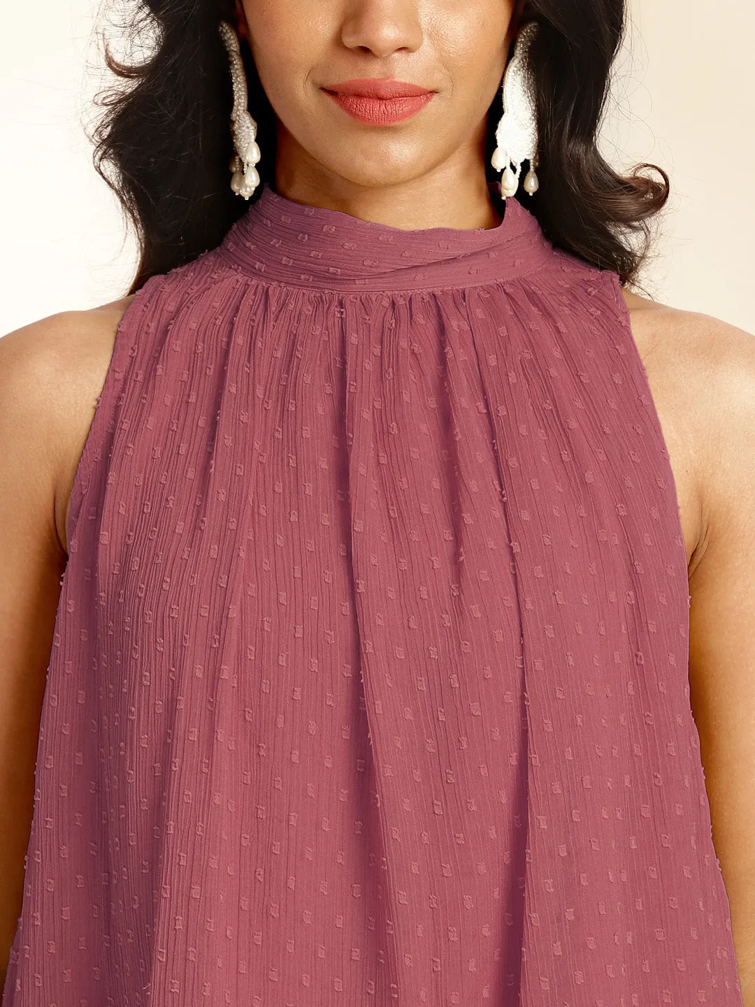 Mauve Chiffon All-Over Self Design Gathered Co-Ord Set