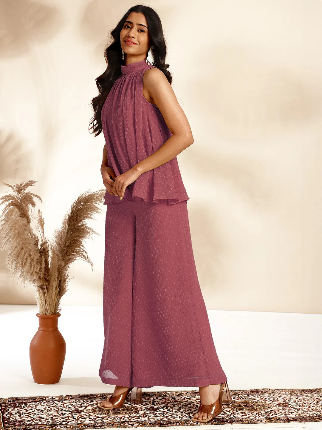 Mauve Chiffon All-Over Self Design Gathered Co-Ord Set