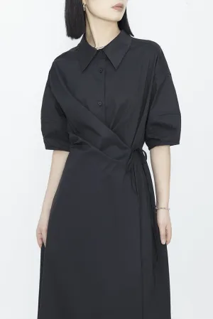 Niche Design Dark Temperament Irregular Waist Cinched Shirt Collar Dress