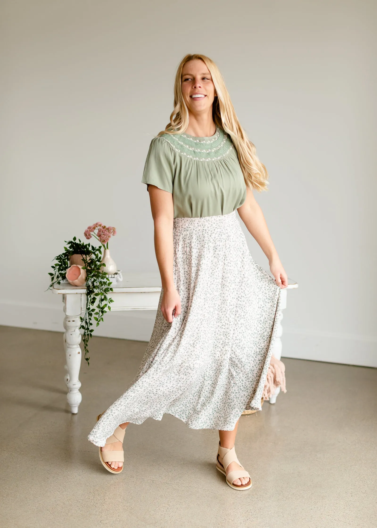 Olive Embroidered Flounce Top - FINAL SALE