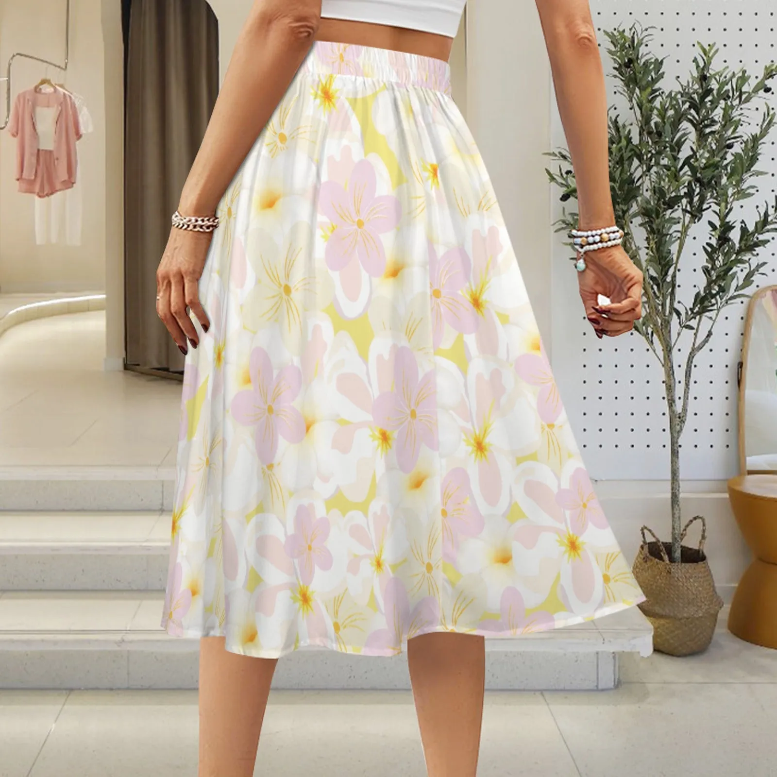 Pastel Frangipanis Yellow Mid Length Skirt with Pockets up to 5 XL (FWS)