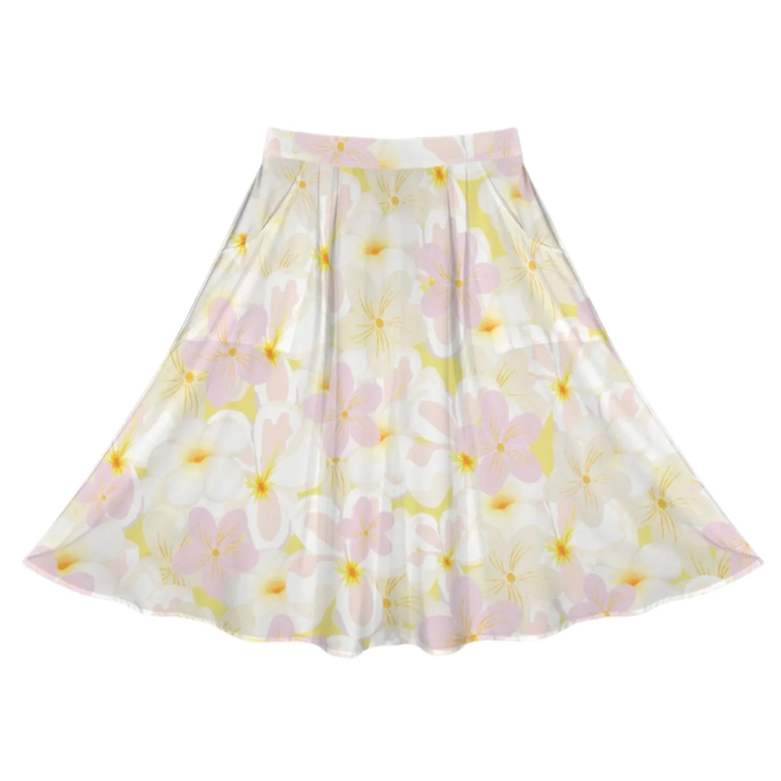 Pastel Frangipanis Yellow Mid Length Skirt with Pockets up to 5 XL (FWS)