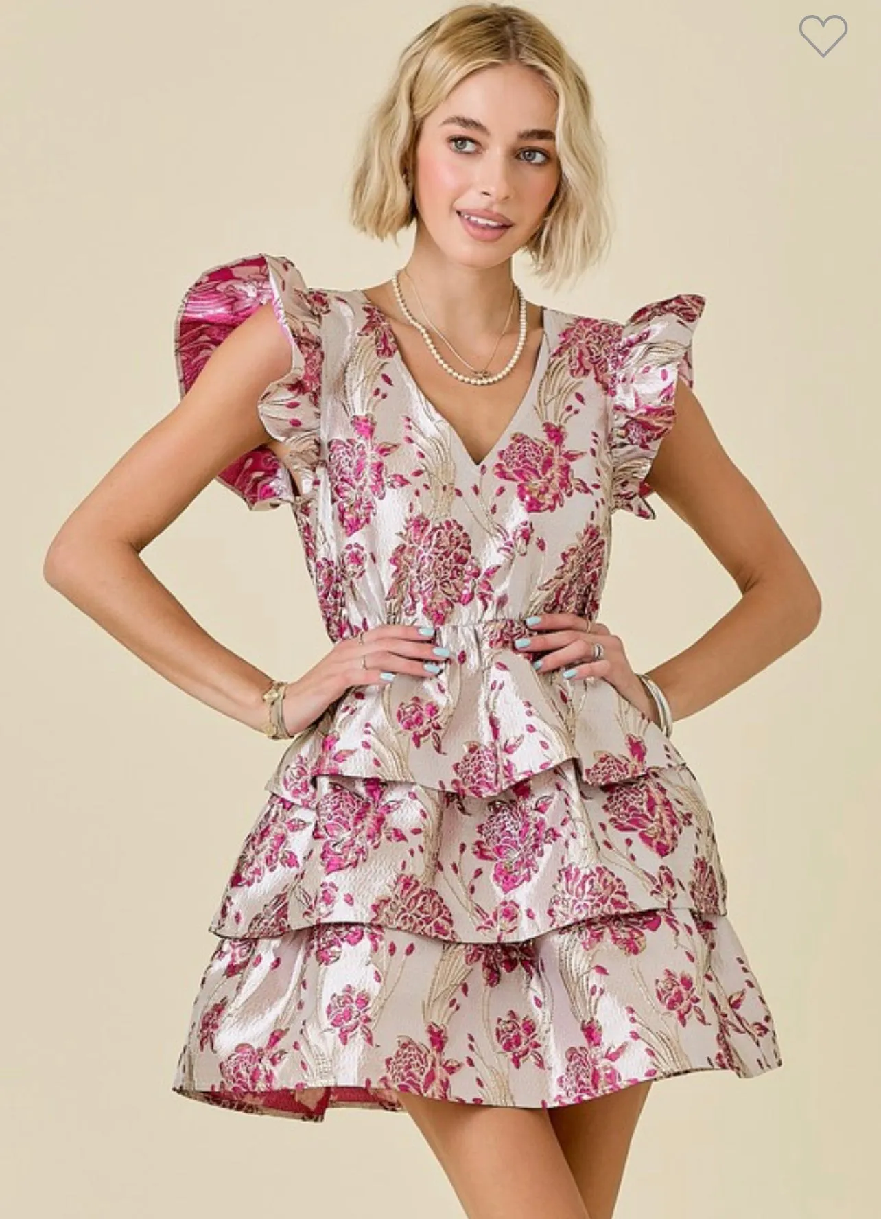 Pink Floral Jacquard Ruffle Dress