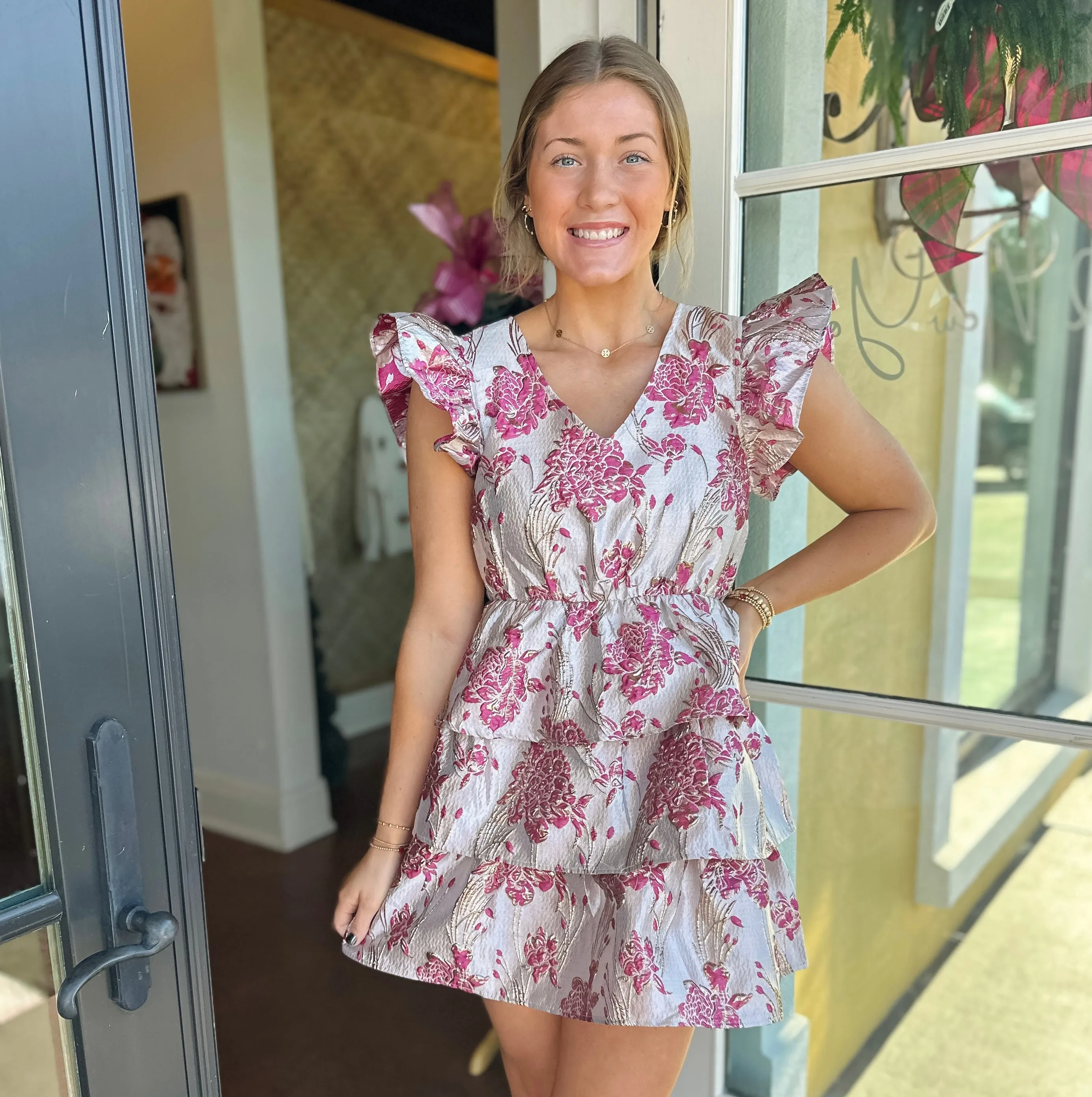 Pink Floral Jacquard Ruffle Dress