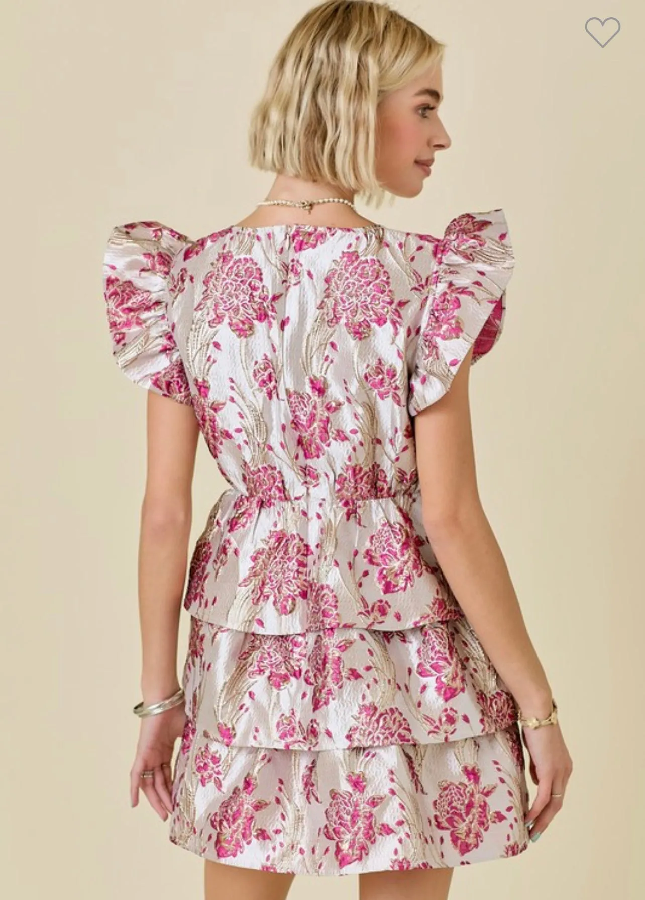 Pink Floral Jacquard Ruffle Dress