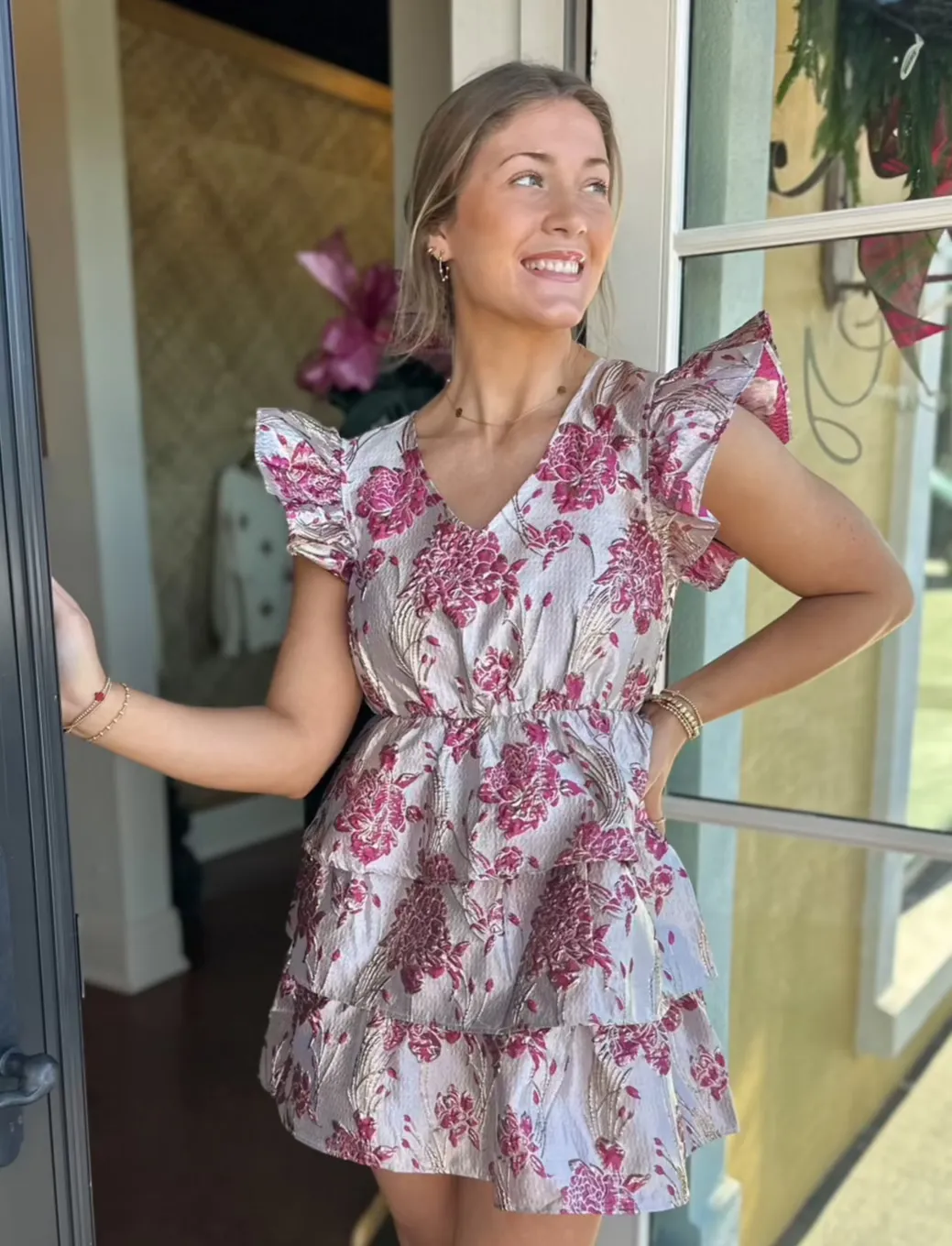 Pink Floral Jacquard Ruffle Dress