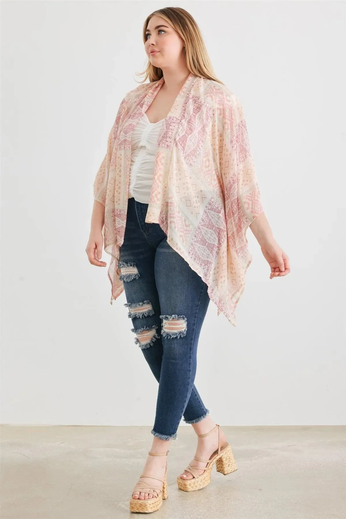 Plus Size Berry Boho Tribal Print Chiffon Kimono Cover Up