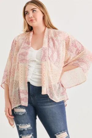 Plus Size Berry Boho Tribal Print Chiffon Kimono Cover Up