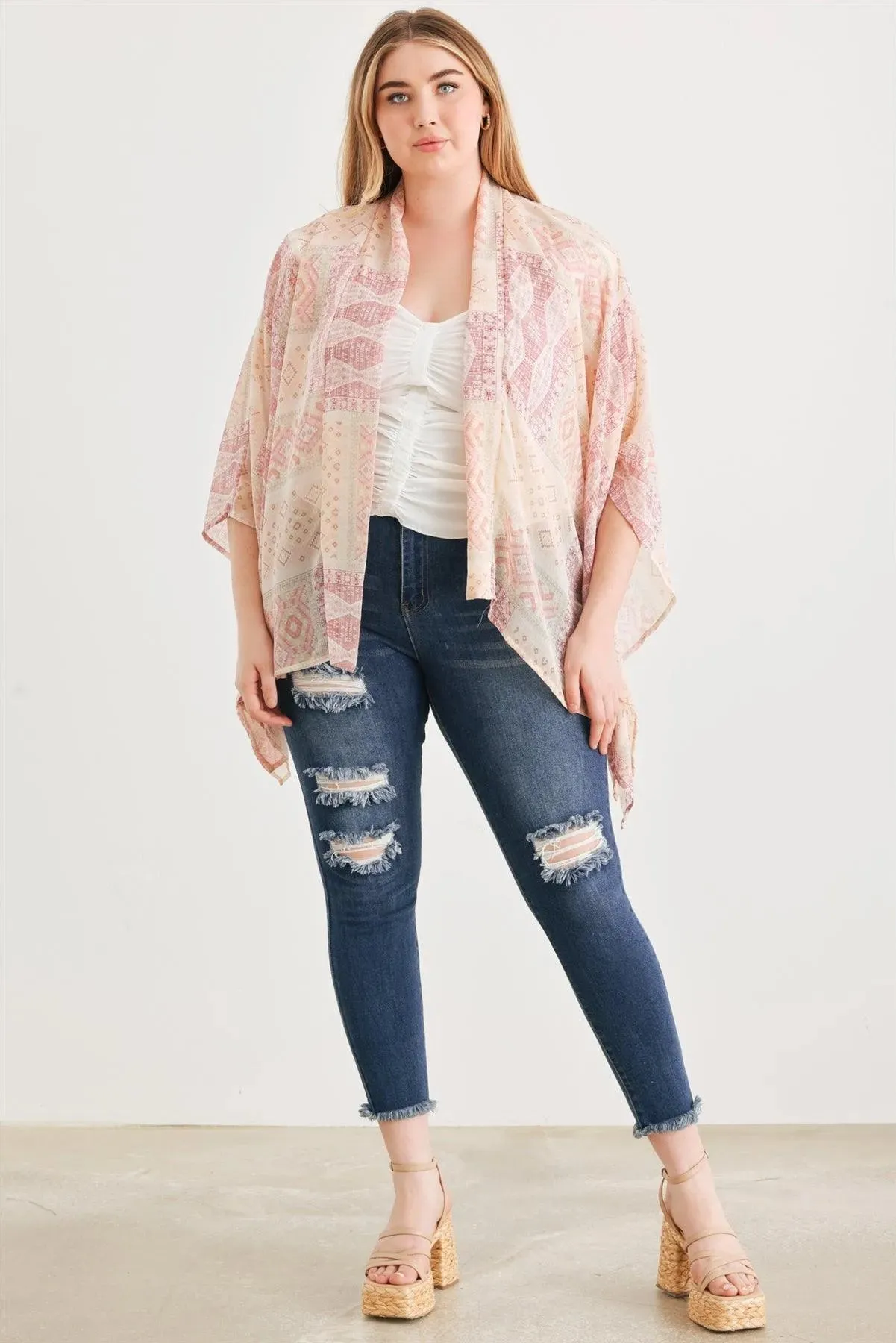 Plus Size Berry Boho Tribal Print Chiffon Kimono Cover Up