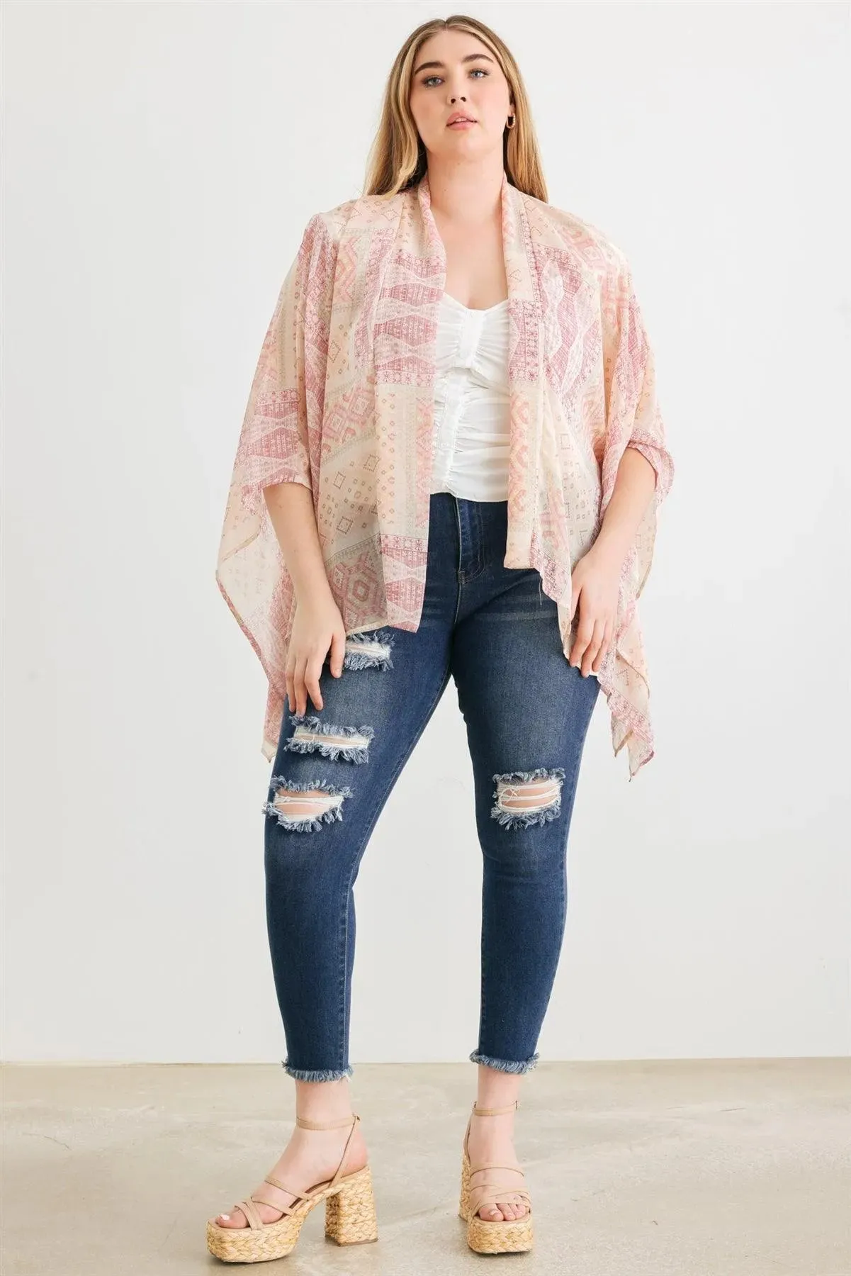 Plus Size Berry Boho Tribal Print Chiffon Kimono Cover Up