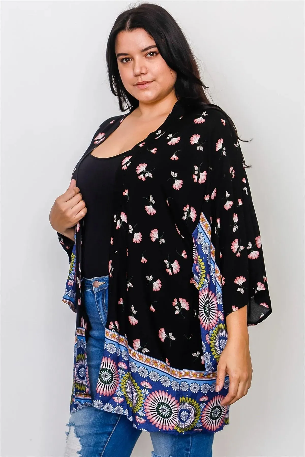 Plus Size Black Mix Print Open Front Kimono / 2-2-2
