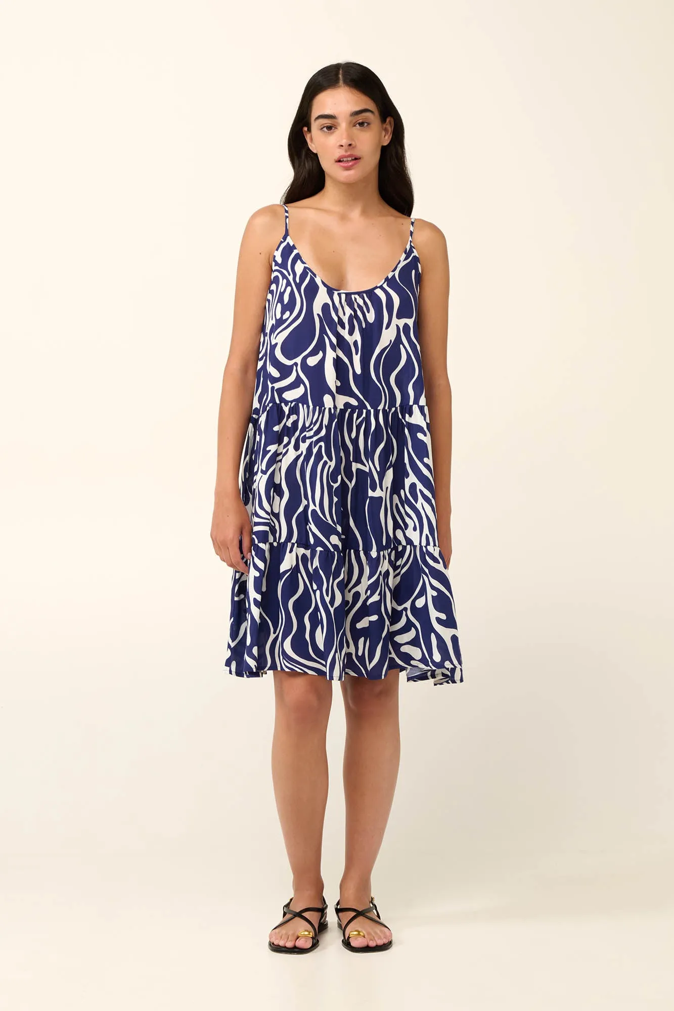 Poplin Blue Abstract Print Summer Dress with Straps By Vamp - S-2XL( )
