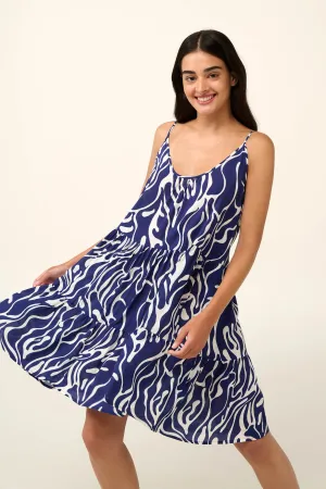 Poplin Blue Abstract Print Summer Dress with Straps By Vamp - S-2XL( )