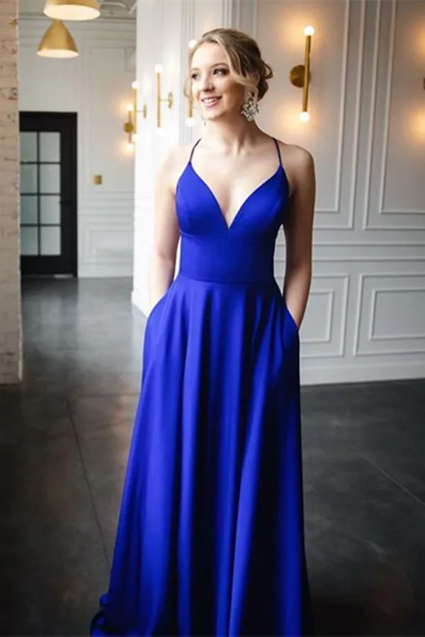 Promfast Chic A Line Spaghetti Straps V Neck Prom Dresses Evening Dresses PFP2104