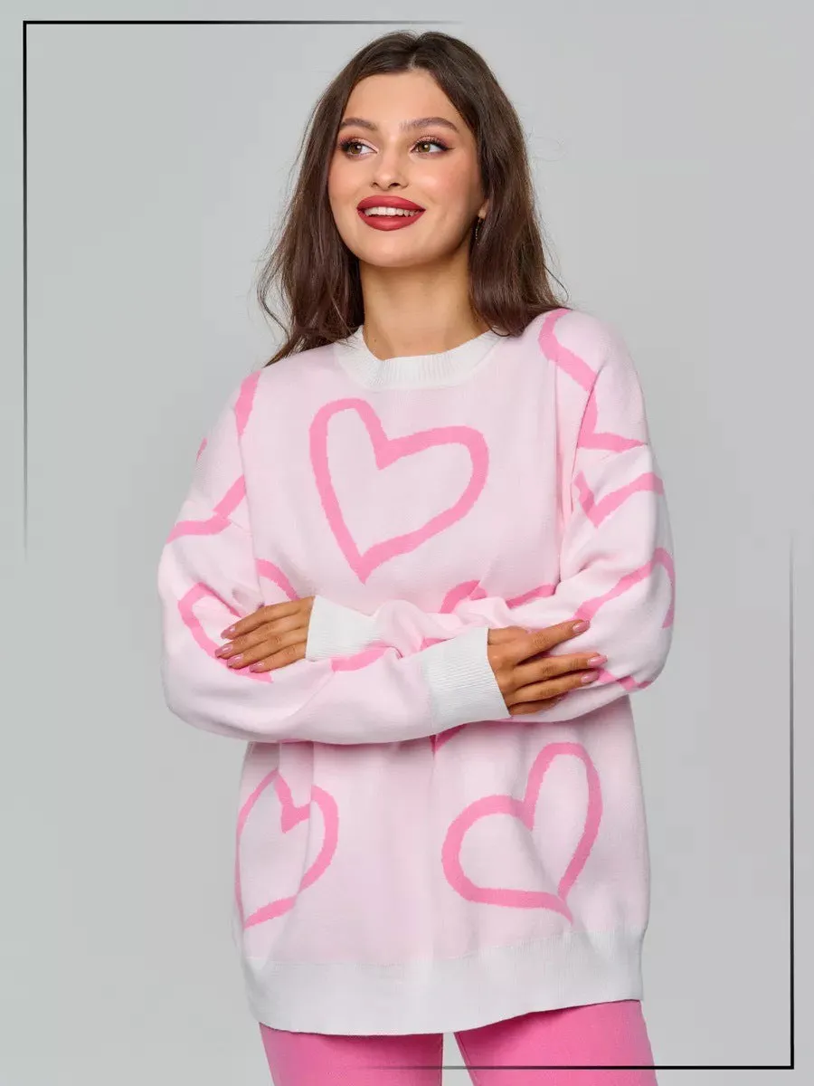 Romantic Casual Heart Print Sweater