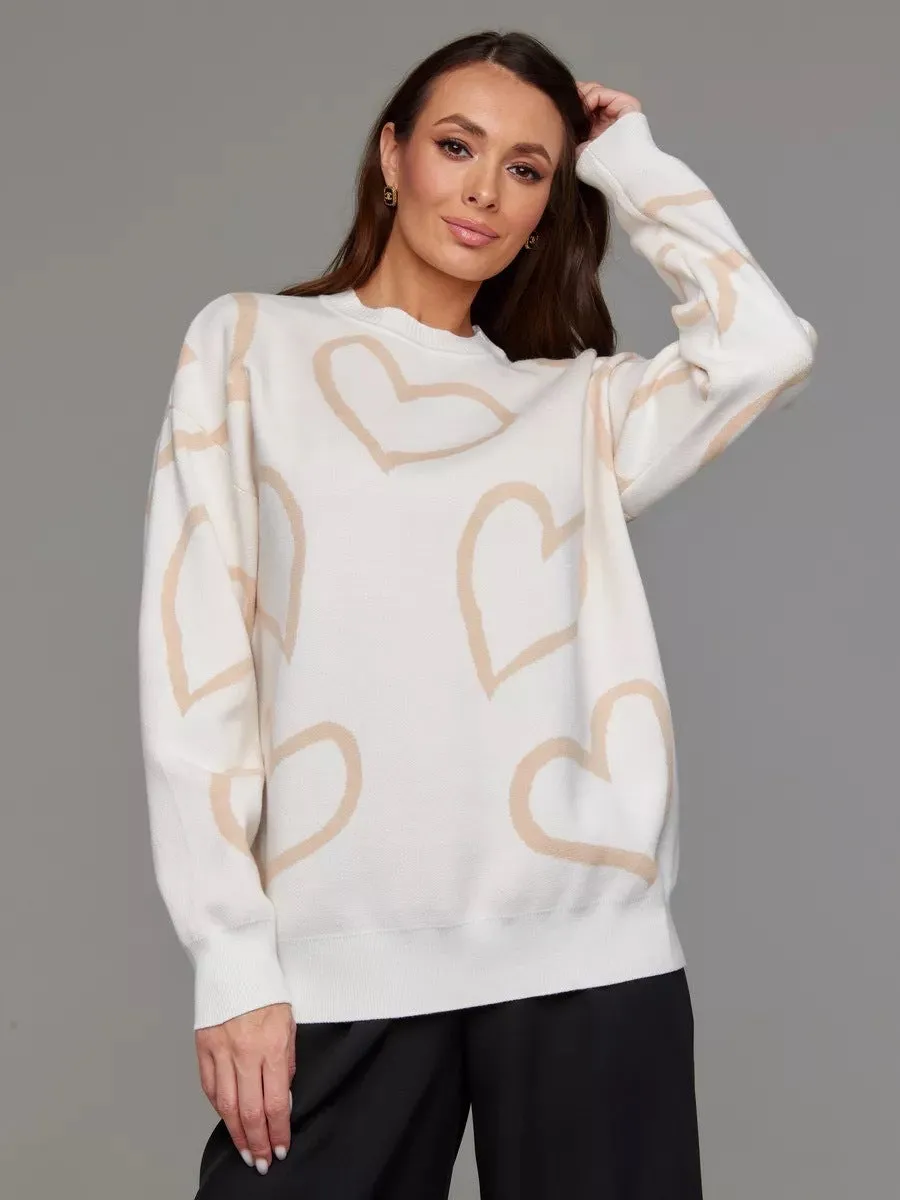 Romantic Casual Heart Print Sweater