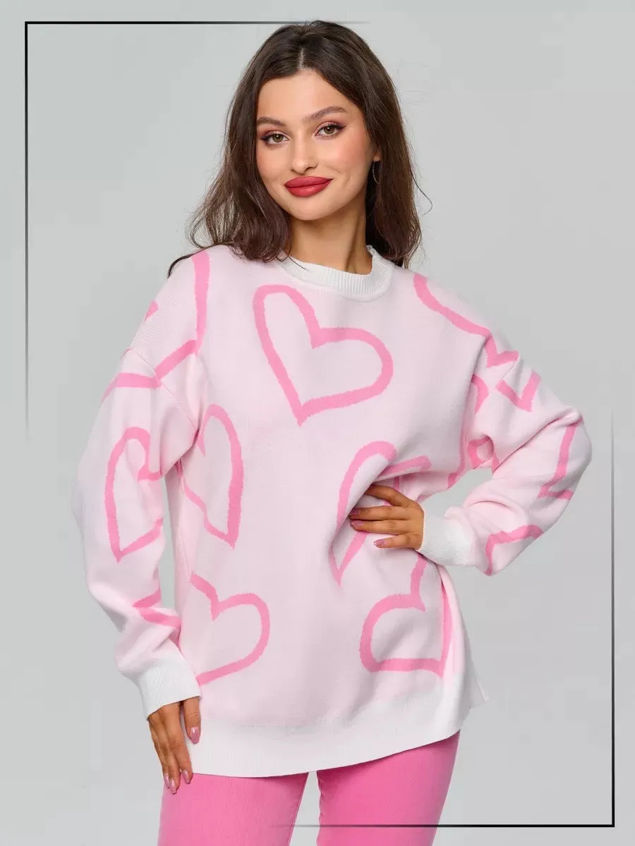 Romantic Casual Heart Print Sweater