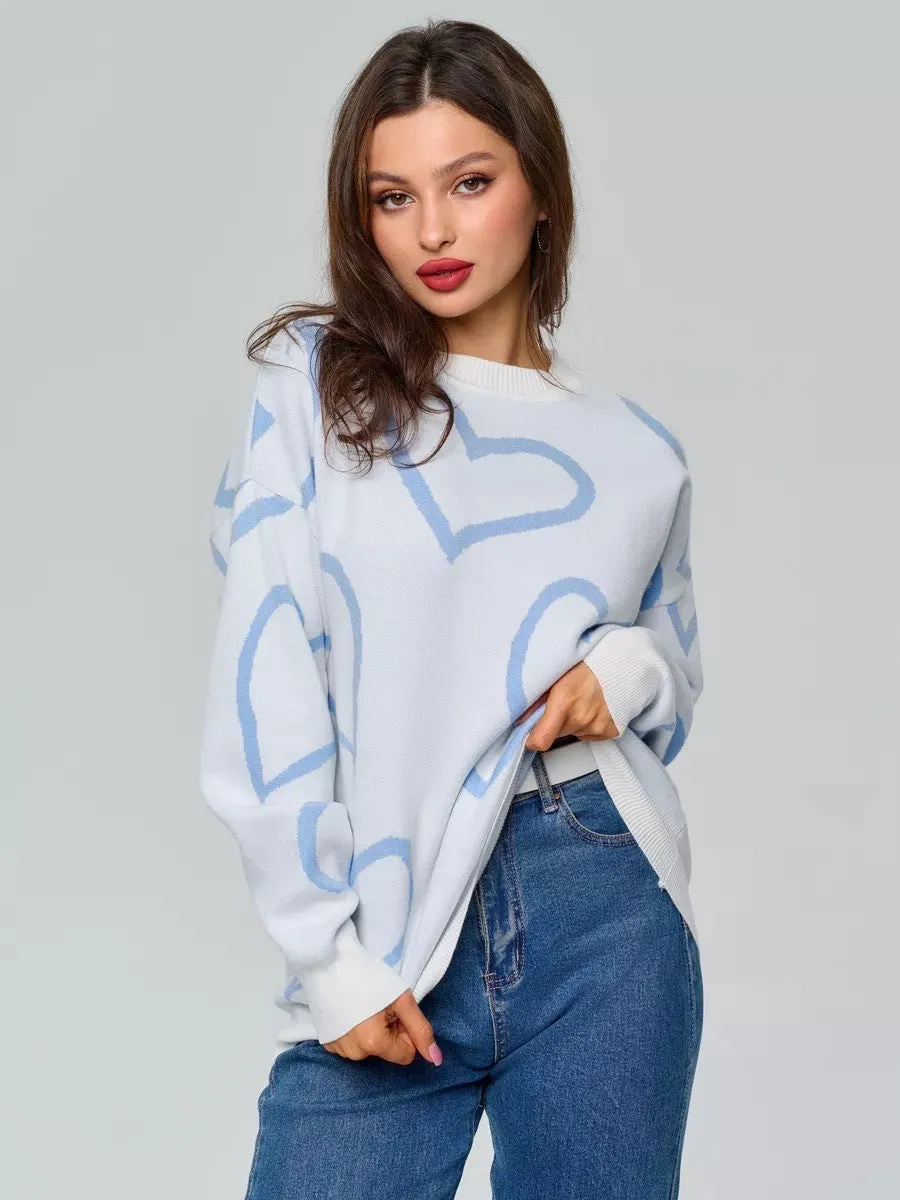 Romantic Casual Heart Print Sweater