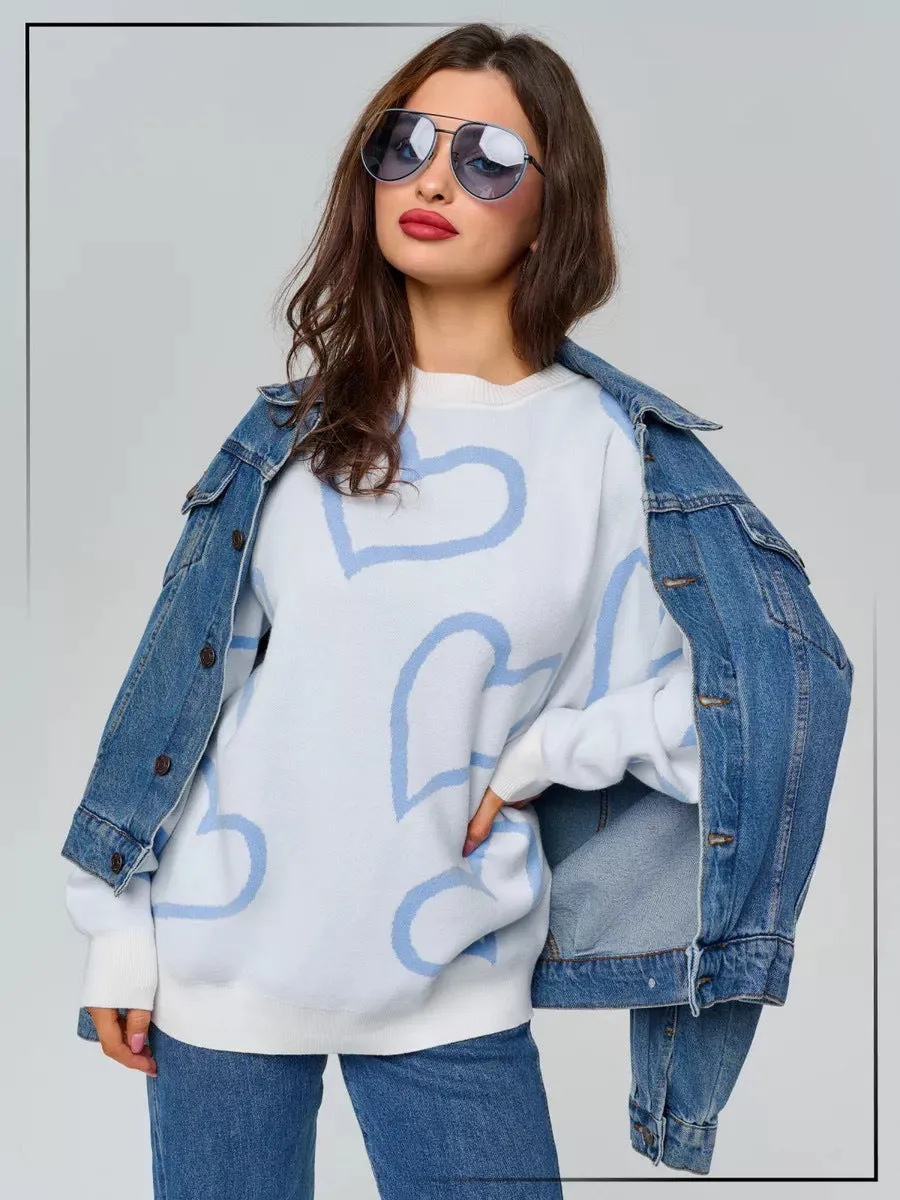 Romantic Casual Heart Print Sweater