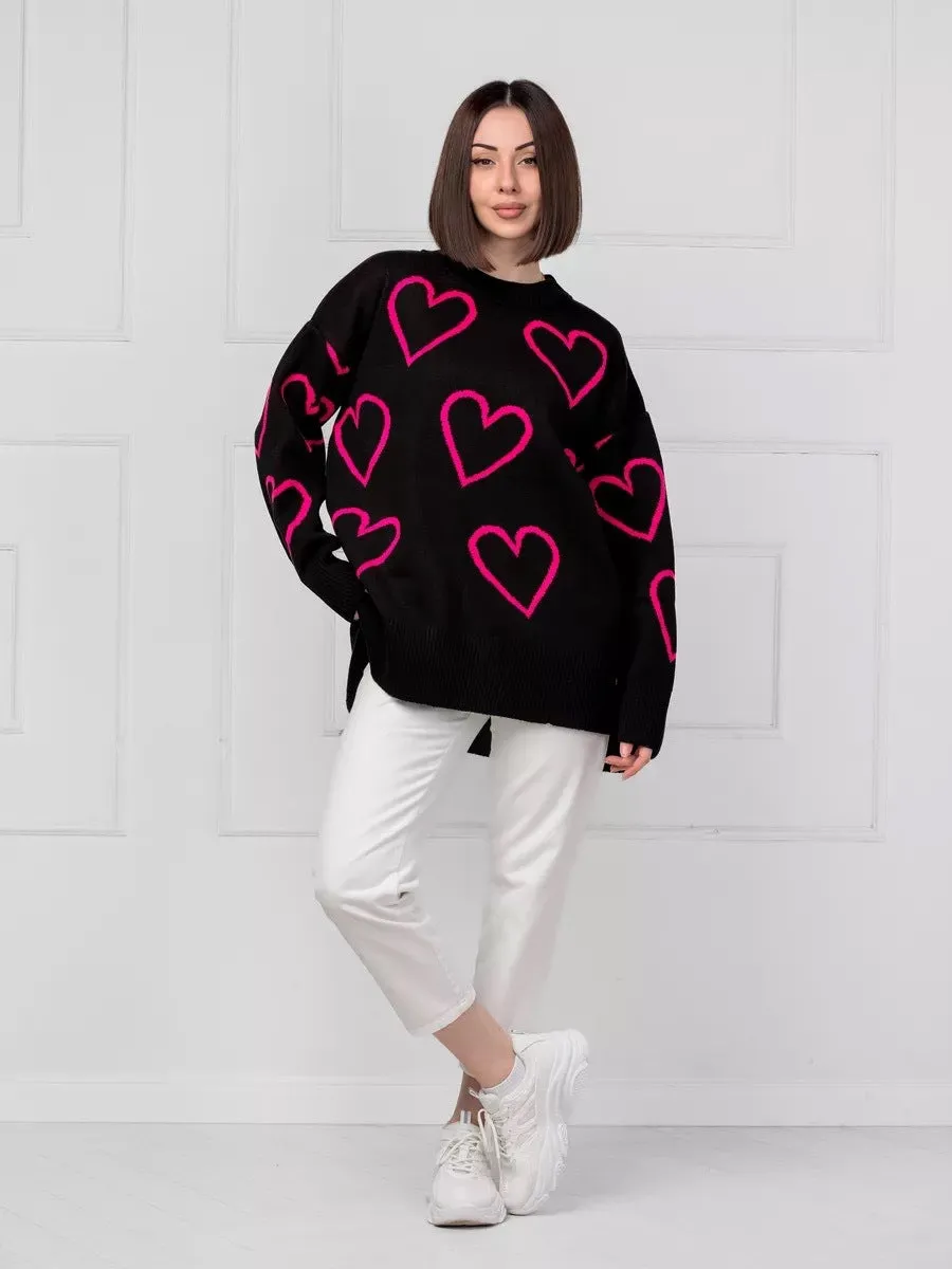 Romantic Casual Heart Print Sweater