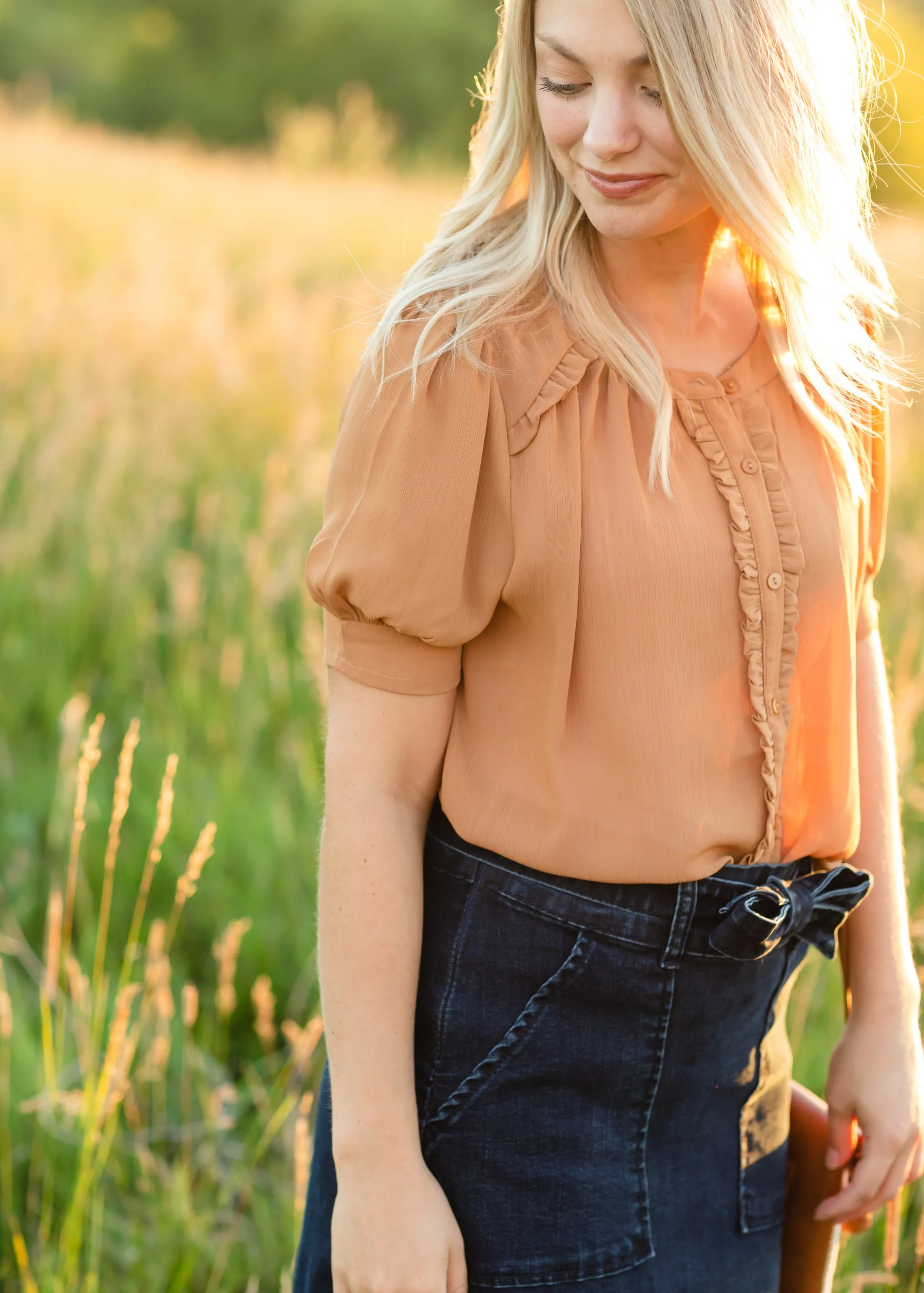 Ruffle Button Up Puff Sleeve Blouse - FINAL SALE