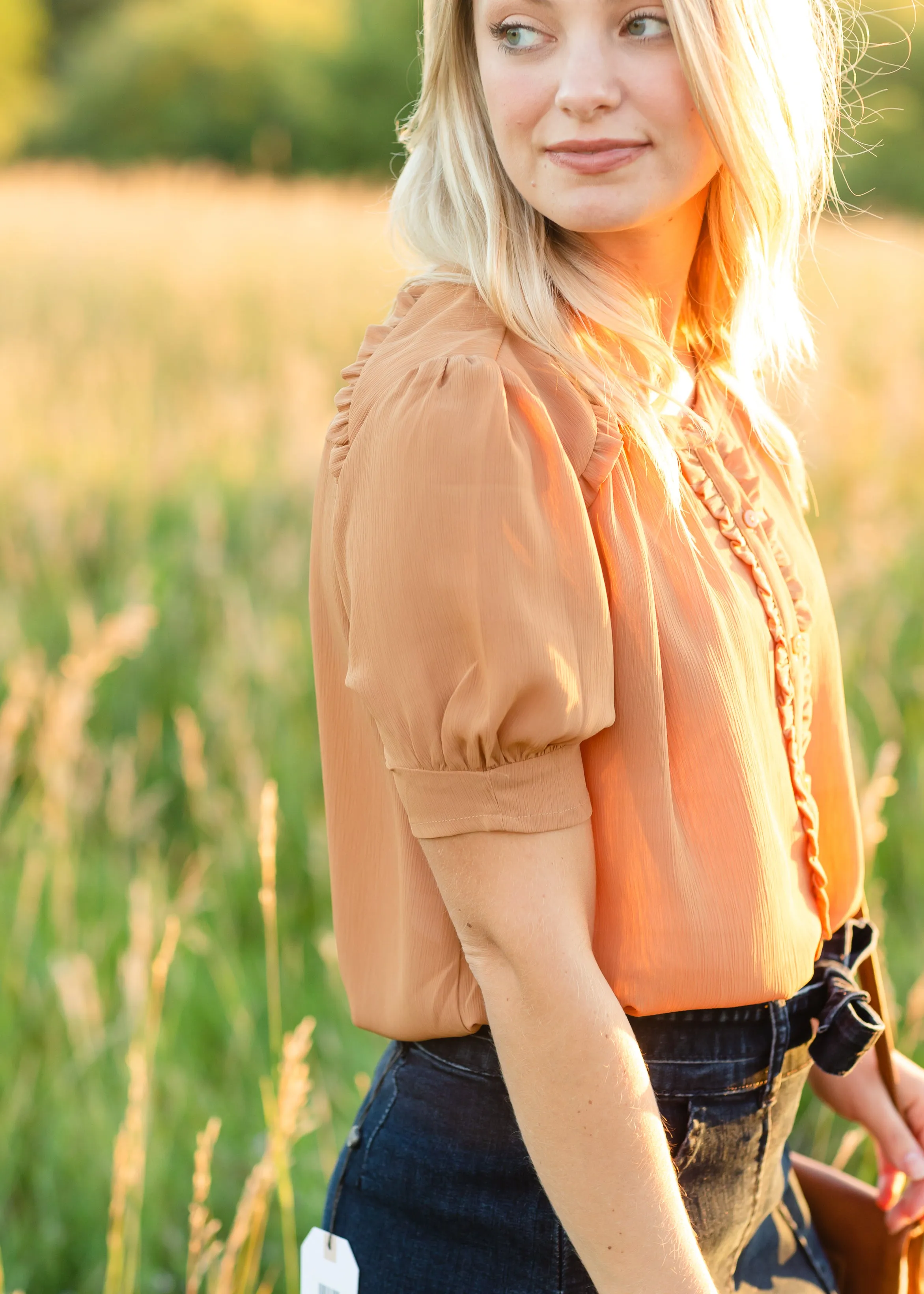Ruffle Button Up Puff Sleeve Blouse - FINAL SALE