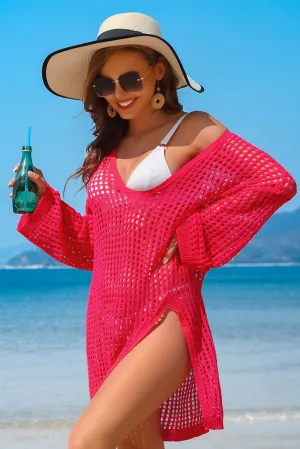 Scoop Neck Hollow-Out Side Split Knitted Beachwear-9114