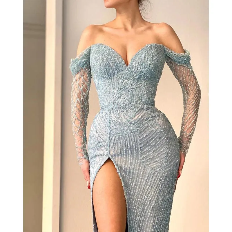 Sheath Chic Off-shoulder Beaded Illusion Long Sleeves Blue Prom Evening Gown