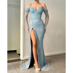 Sheath Chic Off-shoulder Beaded Illusion Long Sleeves Blue Prom Evening Gown
