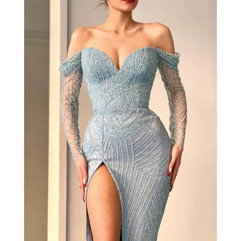 Sheath Chic Off-shoulder Beaded Illusion Long Sleeves Blue Prom Evening Gown
