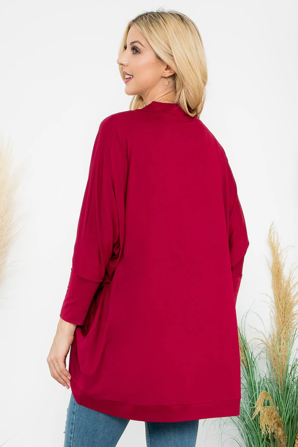 Solid Dolman Sleeve Open Cardigan with Side Pocket