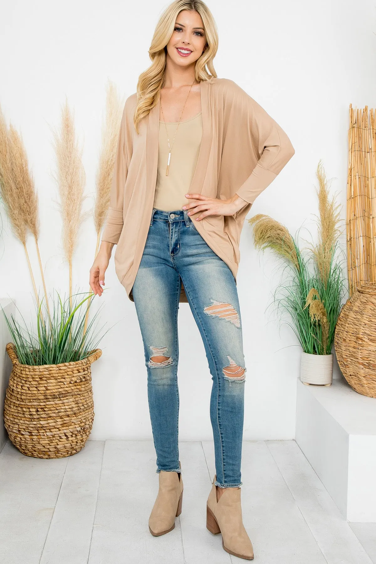 Solid Dolman Sleeve Open Cardigan with Side Pocket