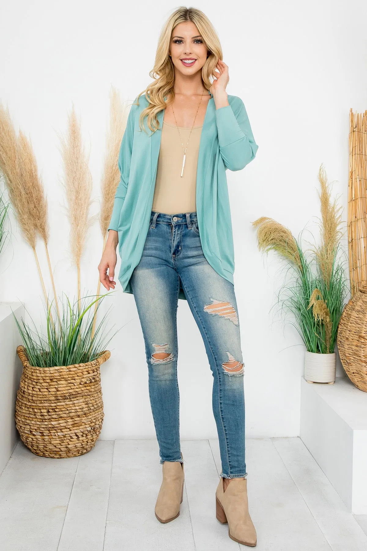 Solid Dolman Sleeve Open Cardigan with Side Pocket