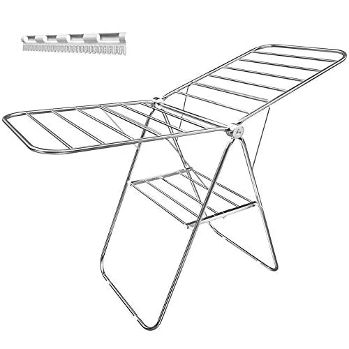 SONGMICS Clothes Drying Rack, with Bonus Sock Clips, 100% Stainless Steel Gullwing Space-Saving Laundry Rack, Foldable for Indoor and Outdoor Use, Sliver ULLR51SV