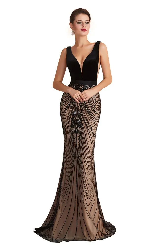 Stylish Deep V-Neck Black Beading Mermaid Prom Dress Sleeveless Slim Evening Party Gown