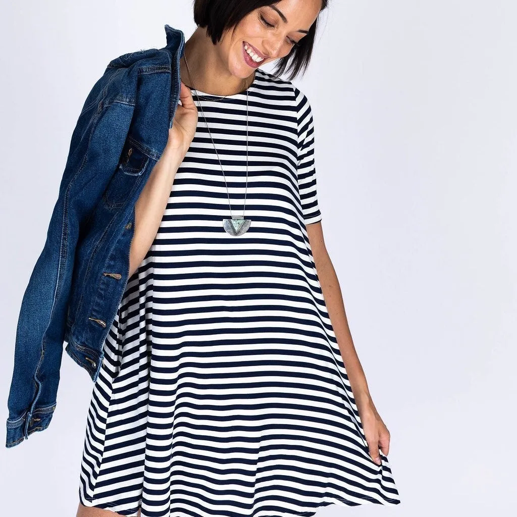 Swing Tunic in Navy Stripe - Baby Suede