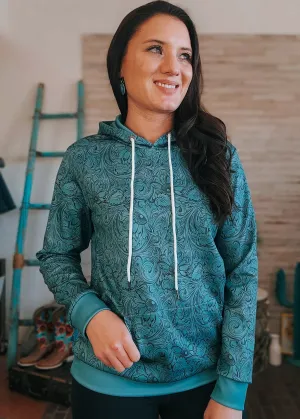 Teal Floral Tooled Hoodie