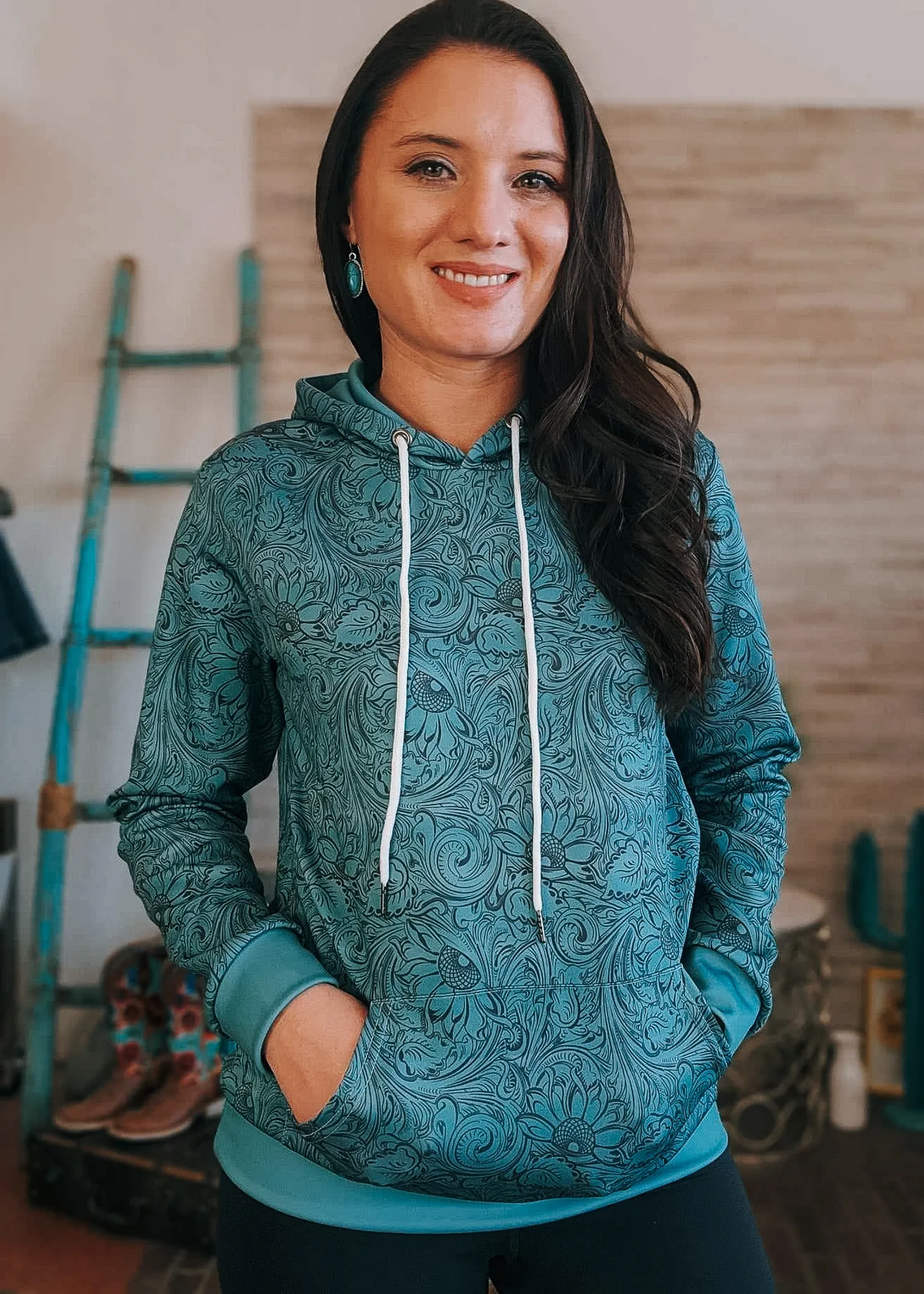 Teal Floral Tooled Hoodie